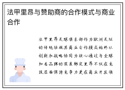 法甲里昂与赞助商的合作模式与商业合作