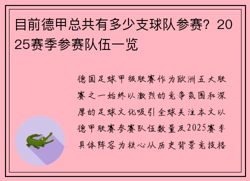 目前德甲总共有多少支球队参赛？2025赛季参赛队伍一览